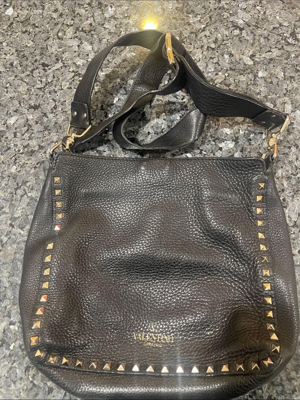 Valentino Garavani Black Pebbled Leather Shoulder Bag with Gold Studs